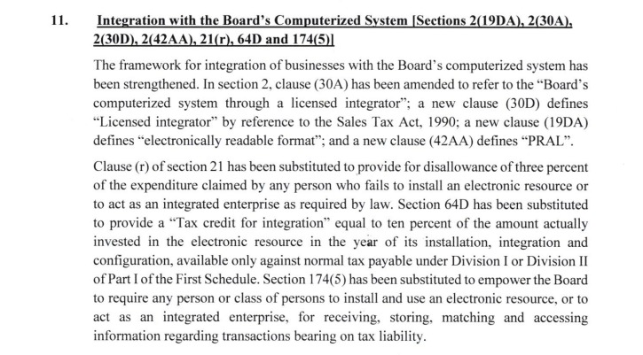 FBR circular Clause 11 — Integration with the Board’s Computerized System: Sections 2(19DA), 2(30A), 2(30D), 2(42AA), 21(r), 64D and 174(5)